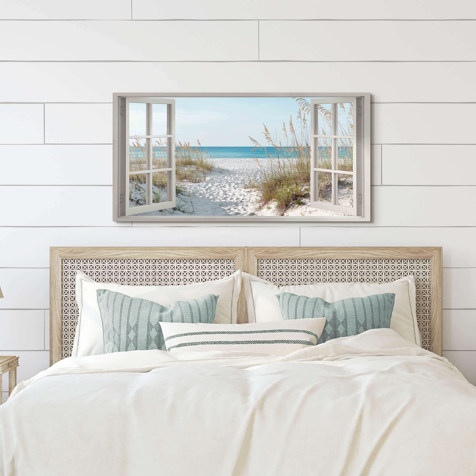 The Stream Design Tropical Coastal Landscape Canvas elevates living rooms with a blue sea scene.