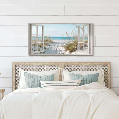 The Stream Design Tropical Coastal Landscape Canvas elevates living rooms with a blue sea scene.