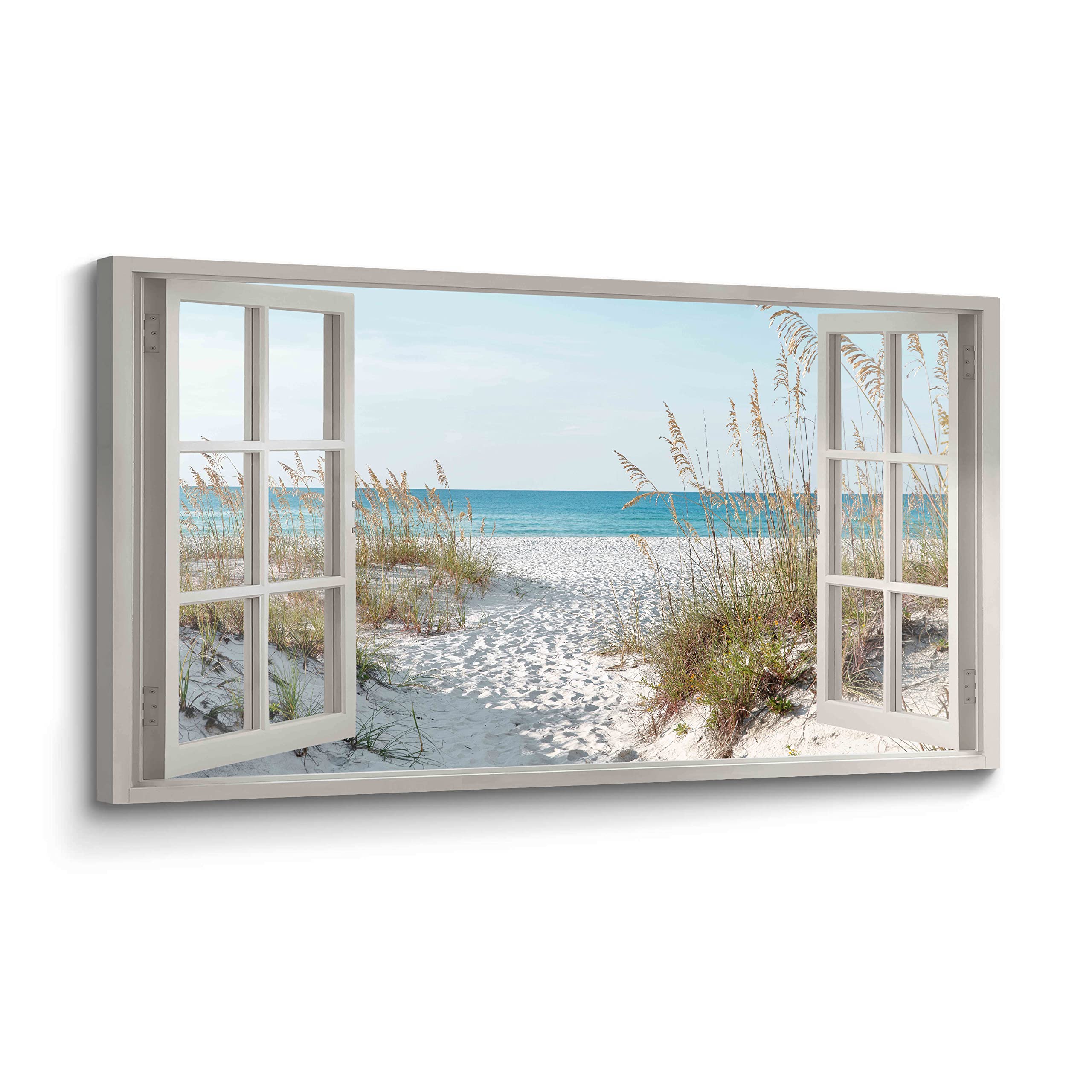 The Stream Design Window Beach Wall Art Prints offer a tranquil ocean view for relaxing bedrooms.
