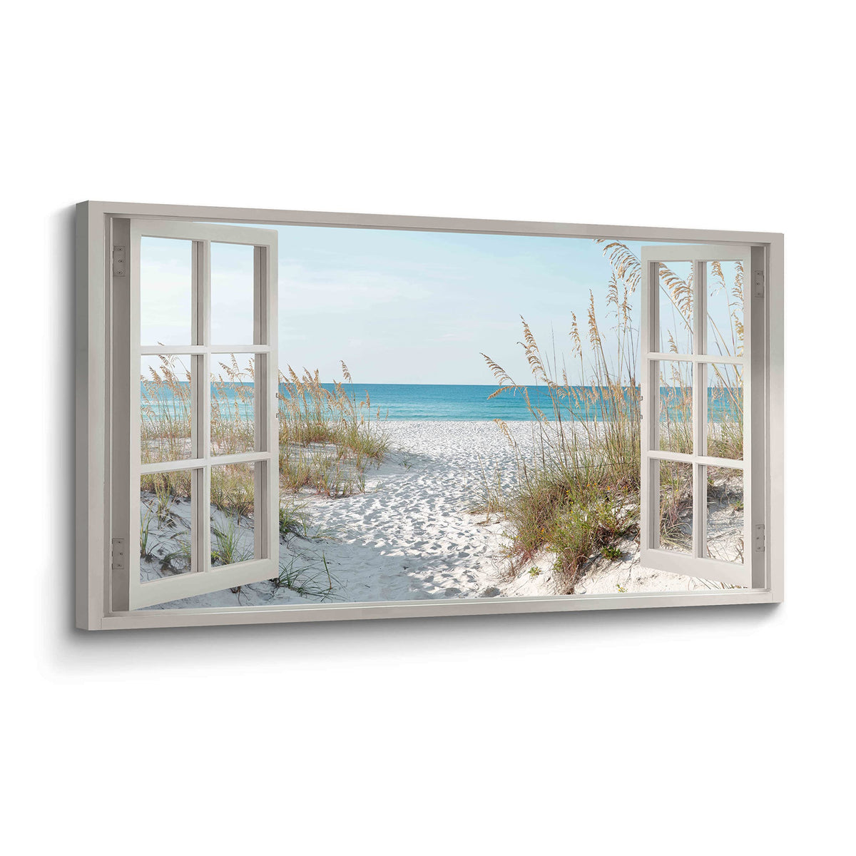 The Stream Design Window Beach Wall Art Prints offer a tranquil ocean view for relaxing bedrooms.