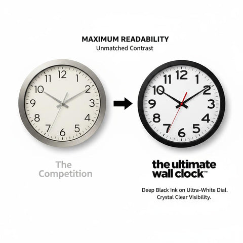The Ultimate Wall Clock satin-finish dial highlights bold numerals for quick checks.