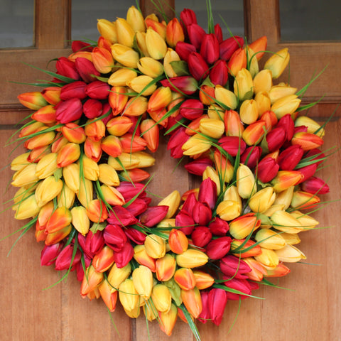 Close-up of silk tulip heads on The Wreath Depot wreath showing fullness.