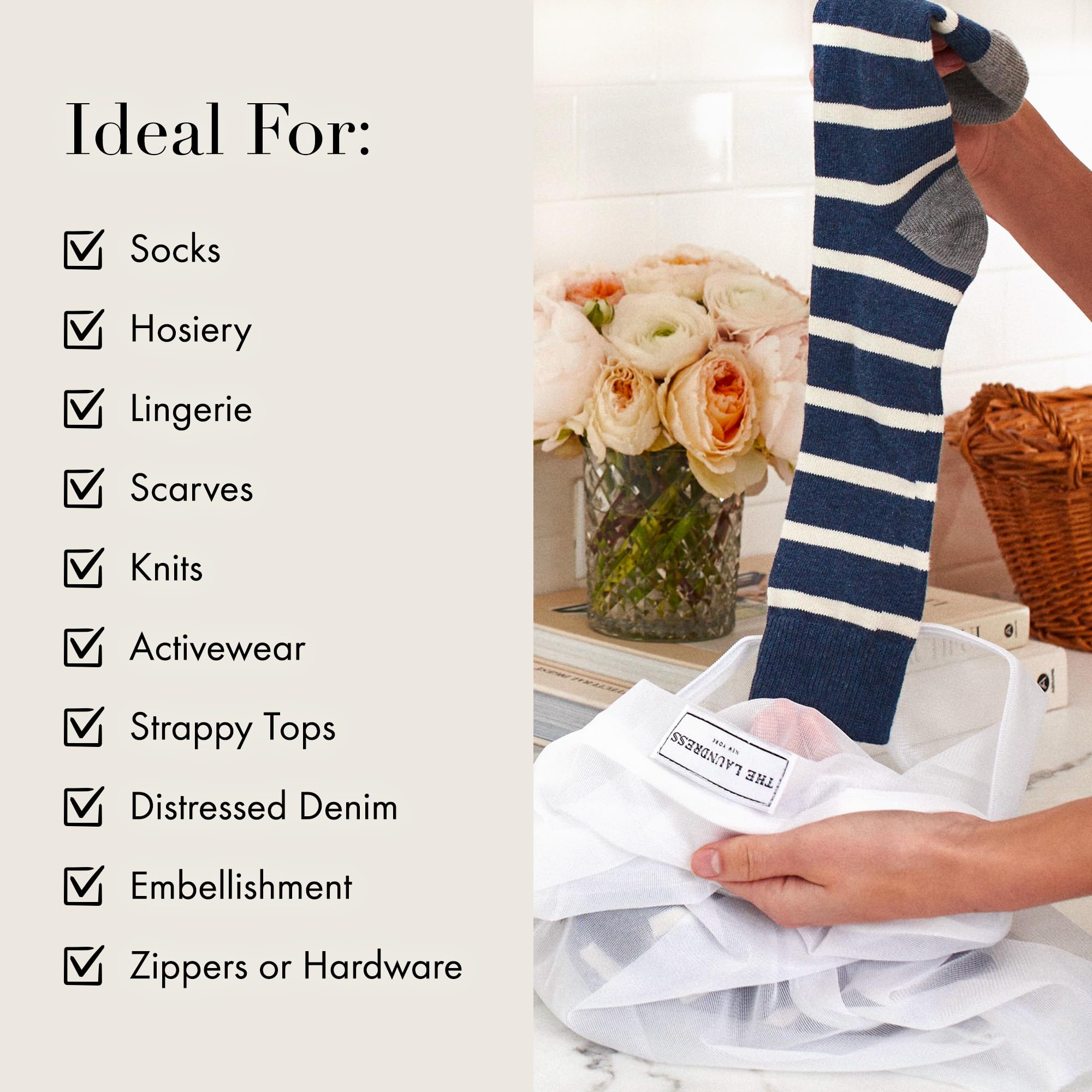The Laundress mesh bag features gusset design for bulky fabrics.