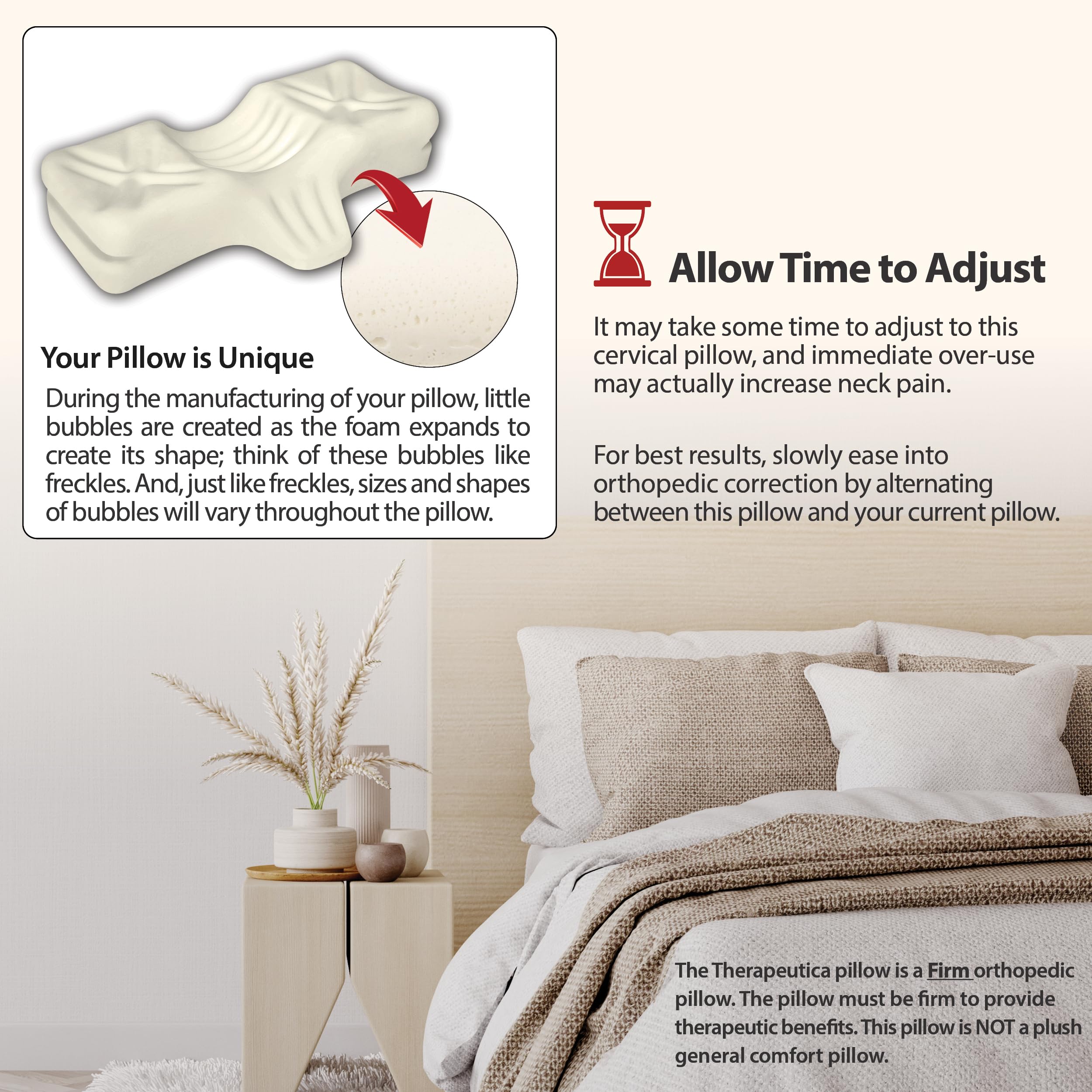 Canada-made label on Therapeutica pillow emphasizing quality