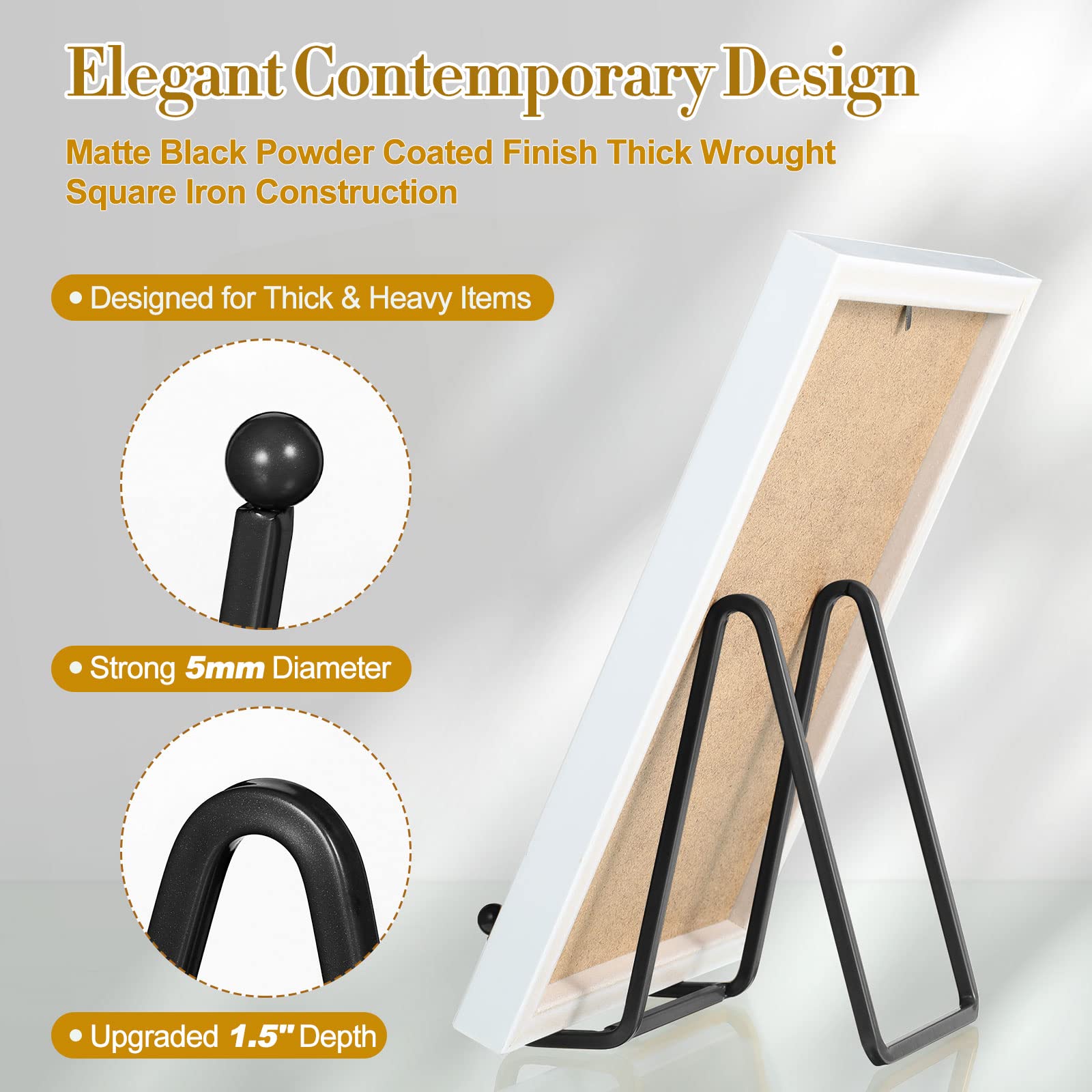 Therwen display stand for frames and plates blends with decor, black finish.