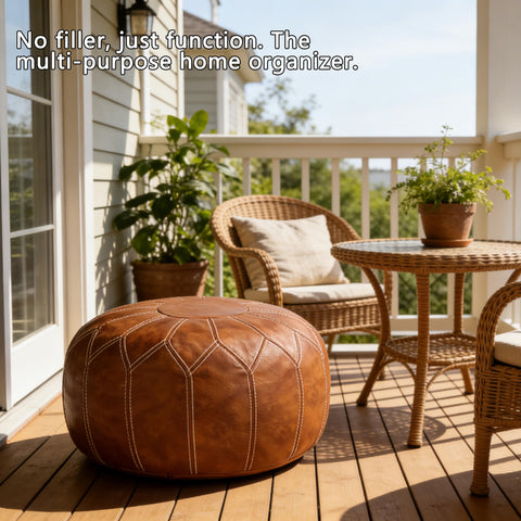 Thgonwid brown Moroccan pouf, warm earth tones to match decor.