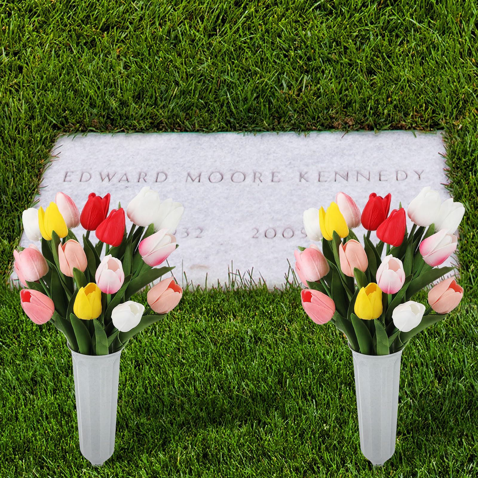 Thiccywoov weather-resistant cemetery flowers withstand rain and snow.