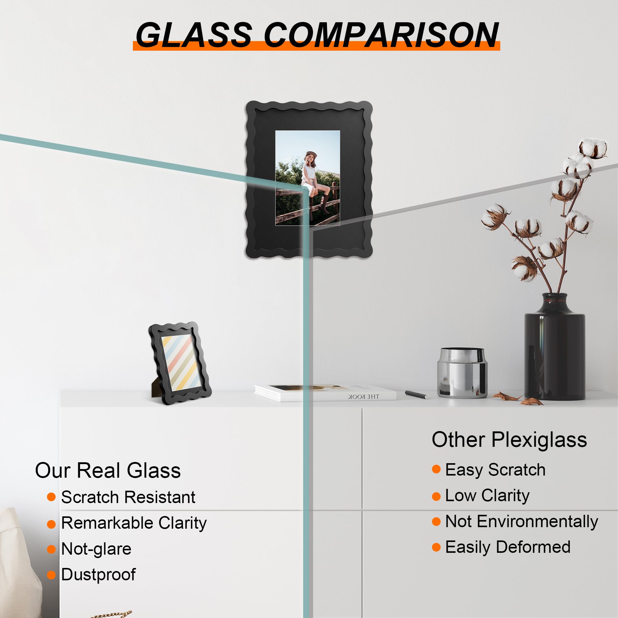 THKRLOF wavy-edge black frame close-up highlights elegant design and premium materials.