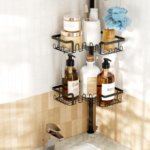 THKVESN in-use corner caddy keeps shower essentials organized.