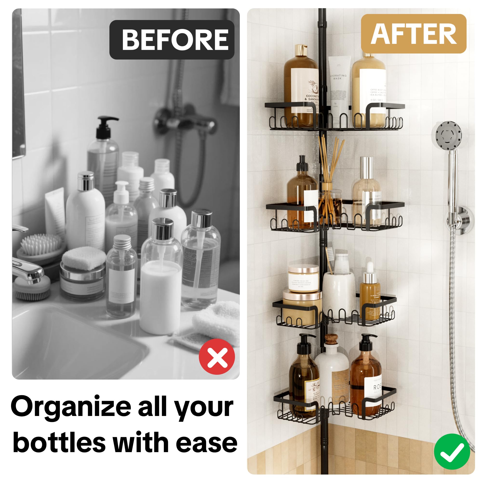 THKVESN four-tier rack with two medium baskets for body wash and razors.