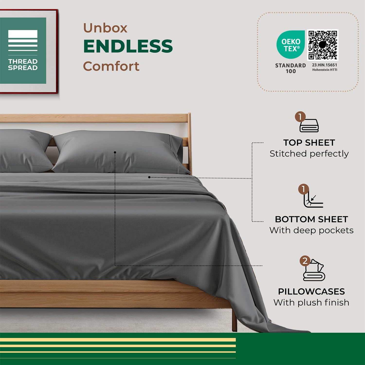 THREAD SPREAD 4-piece sheet set displayed on bed with hotel quality feel