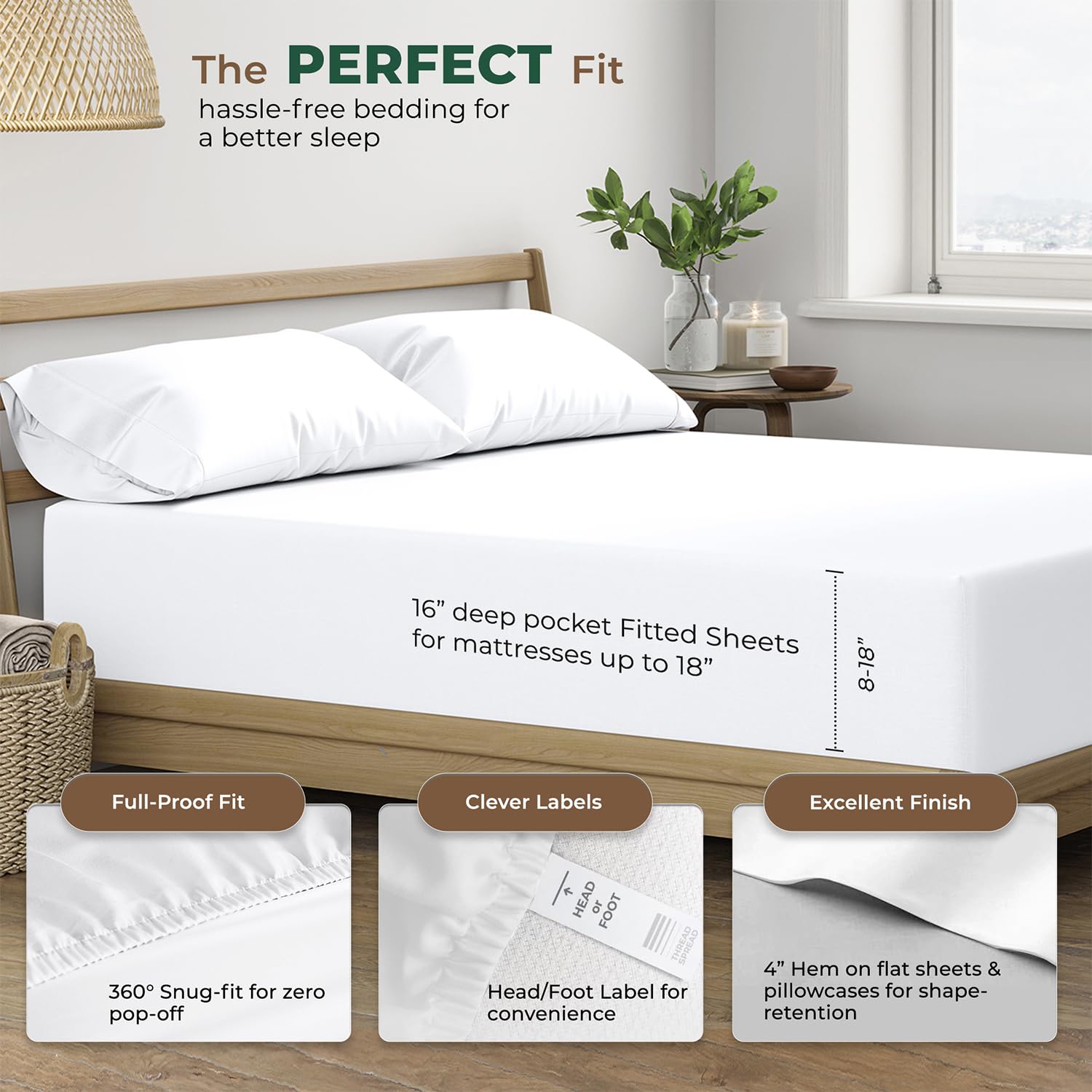 THREAD SPREAD deep-pocket design fits a 16-inch mattress securely.