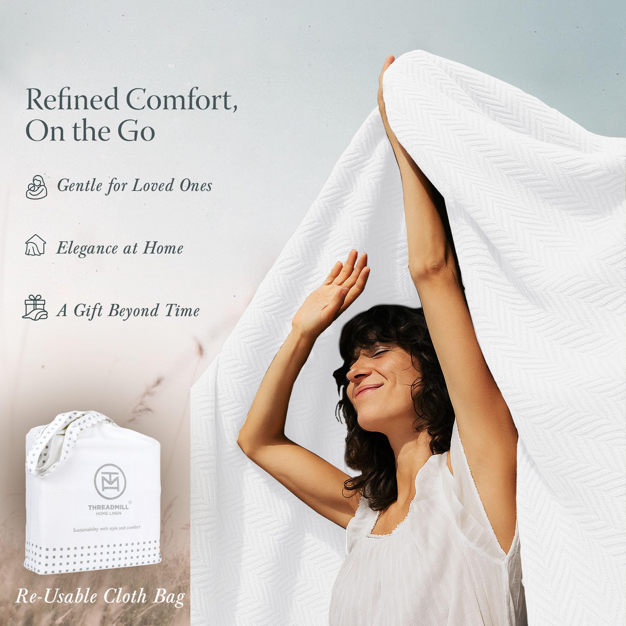 Threadmill white cotton blanket draped over bed for relaxed evenings
