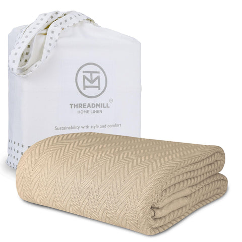 Threadmill luxury cotton blanket with herringbone texture in beige for queen bed
