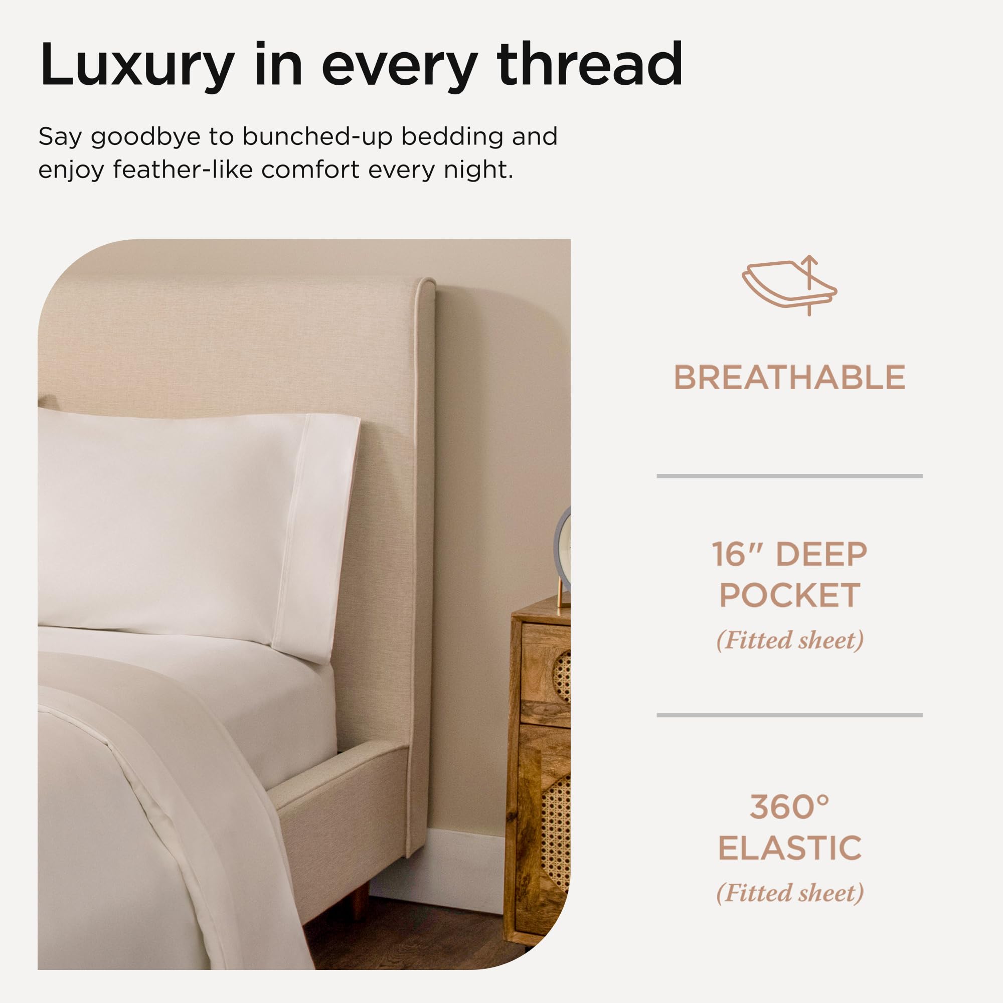 Threadmill sheets close-up shows wrinkle-resist fabric and long-staple cotton.