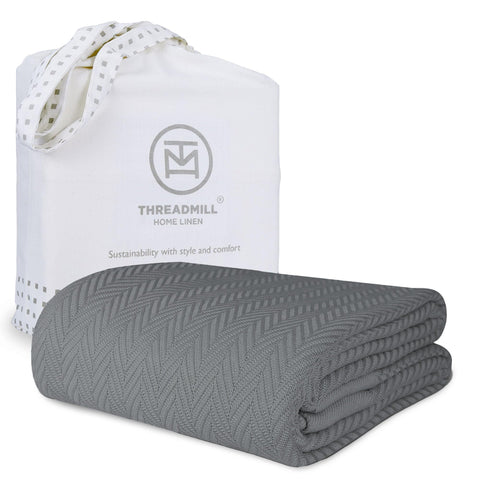 Threadmill luxury cotton blanket in herringbone dark grey for cozy warmth
