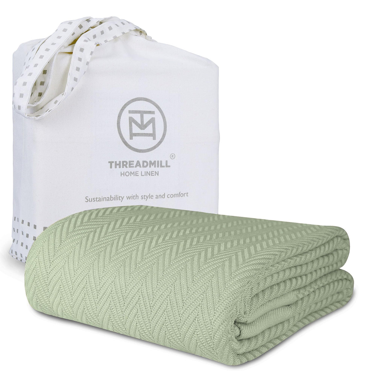Threadmill luxury cotton king-size blanket in sage green offers generous warmth for king beds