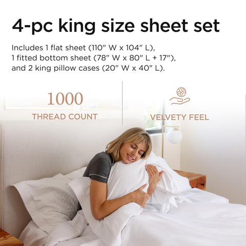 Threadmill king fitted sheet with 17-inch pocket secures the fit.