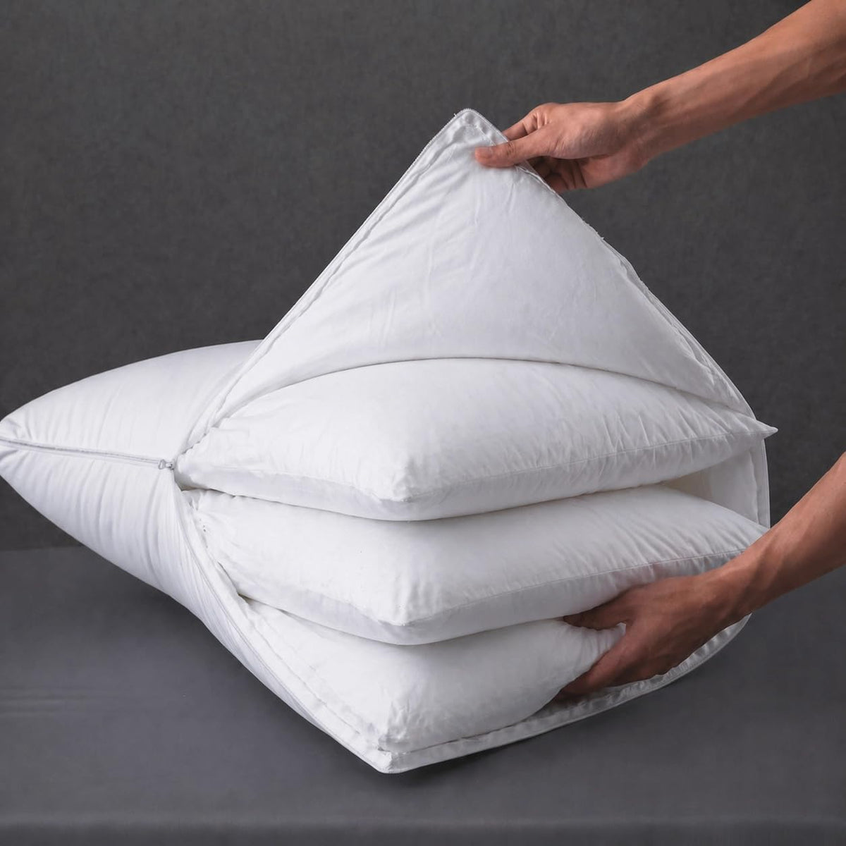 Three Geese adjustable layer goose feather pillow inner layers arranged for customizable support