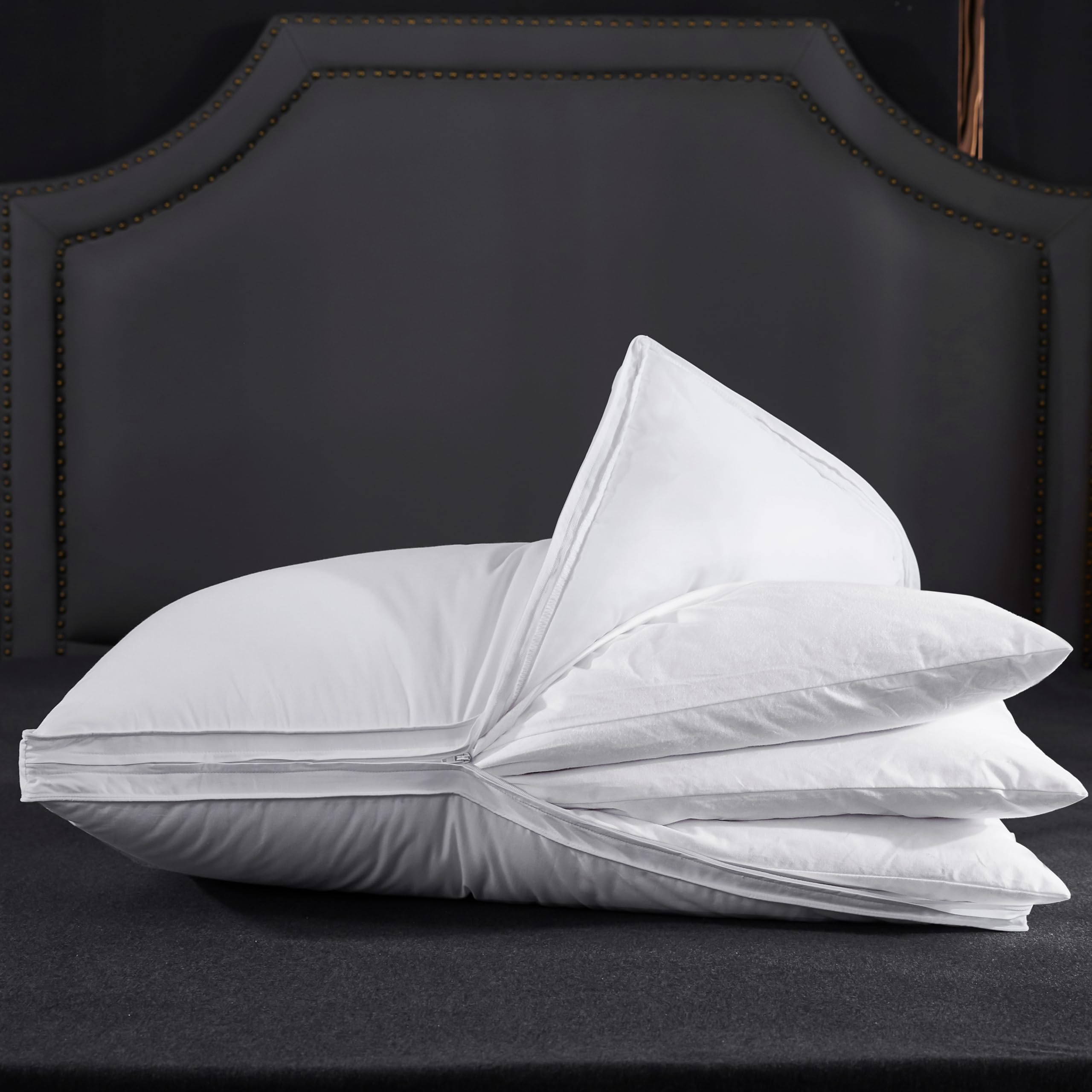 Three Geese adjustable pillow assembly showing a three-layer stack for customizable height.