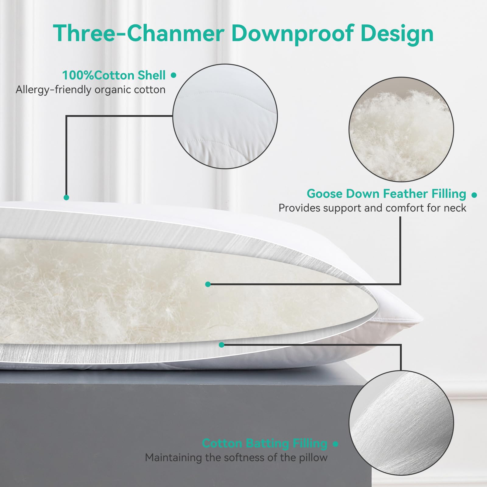 Three Geese pillow-bed-loft-on-bed demonstrates versatile comfort for various sleep positions.