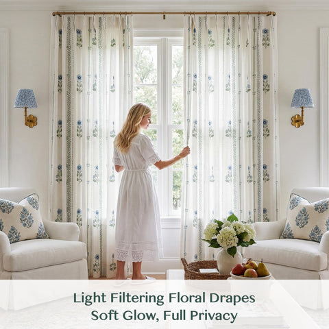 Three Girls floral-pattern curtains garden-inspired design enhances ambiance