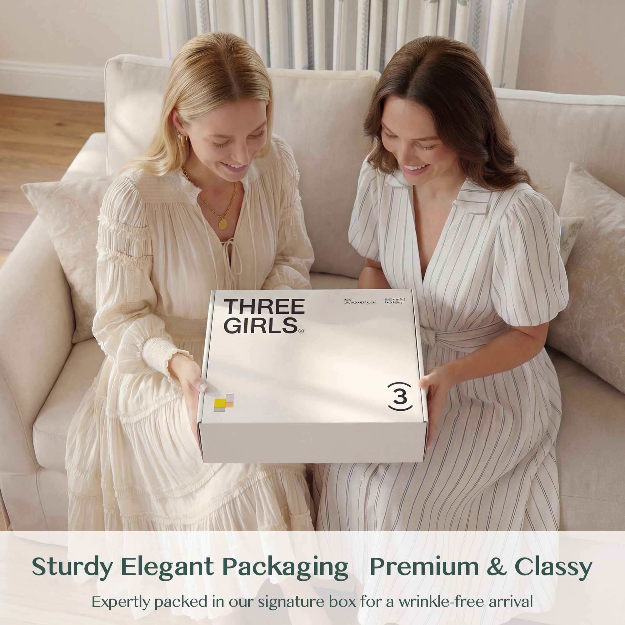 Three Girls memory-trained curtains resist sagging for lasting pleats.