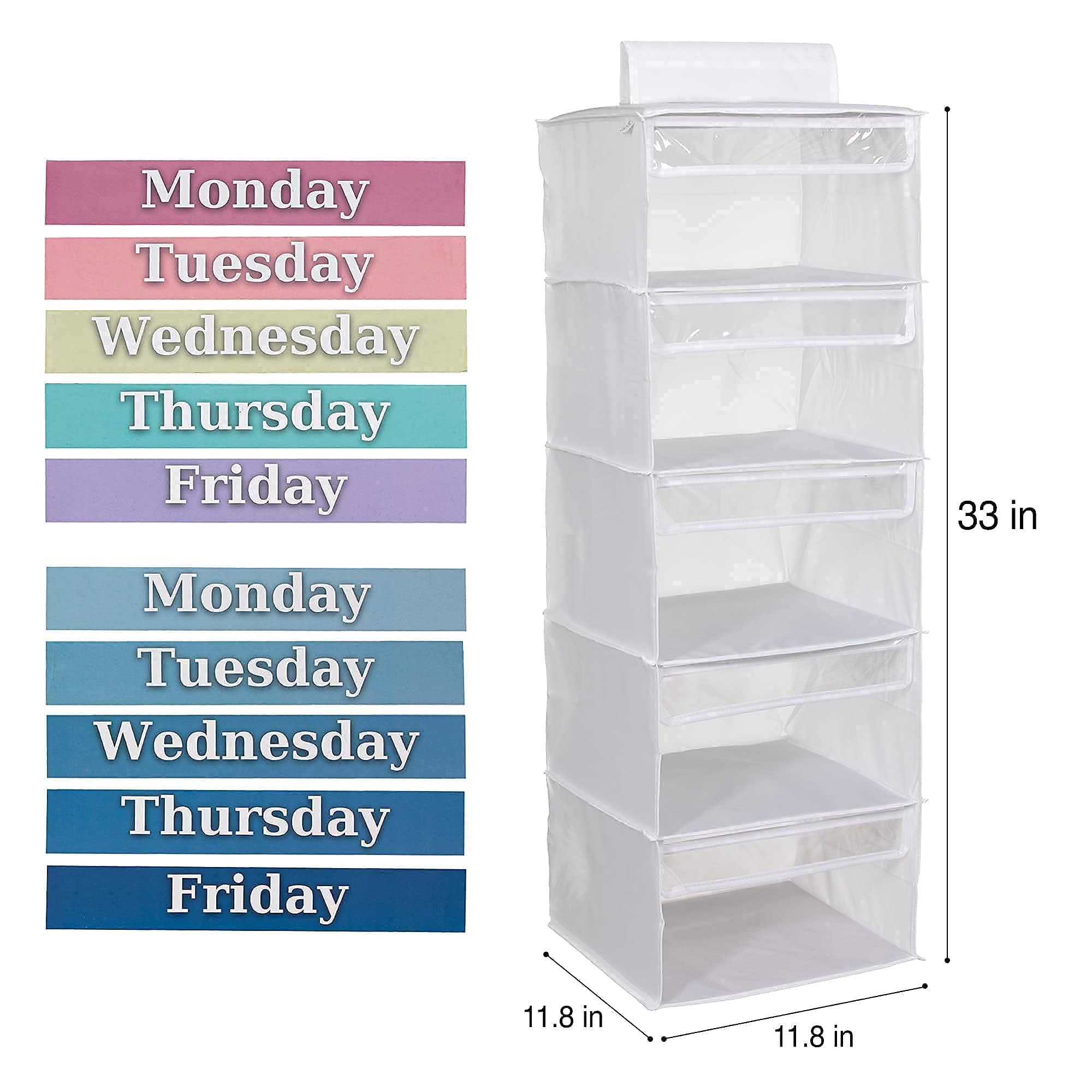 Three Sweet Peas Co weekly organizer fits on a lower closet rod for kid-friendly access