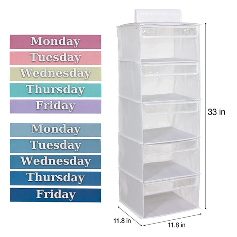 Three Sweet Peas Co weekly organizer fits on a lower closet rod for kid-friendly access