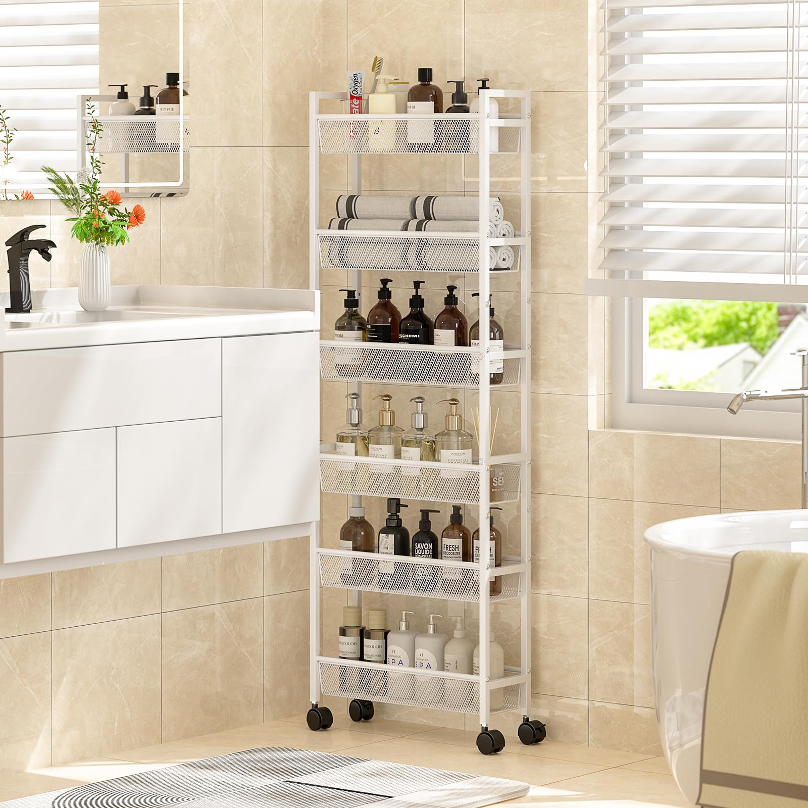 ThreeHio slim storage cart in laundry room holds detergents and supplies.