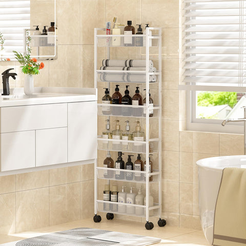 ThreeHio slim storage cart in laundry room holds detergents and supplies.