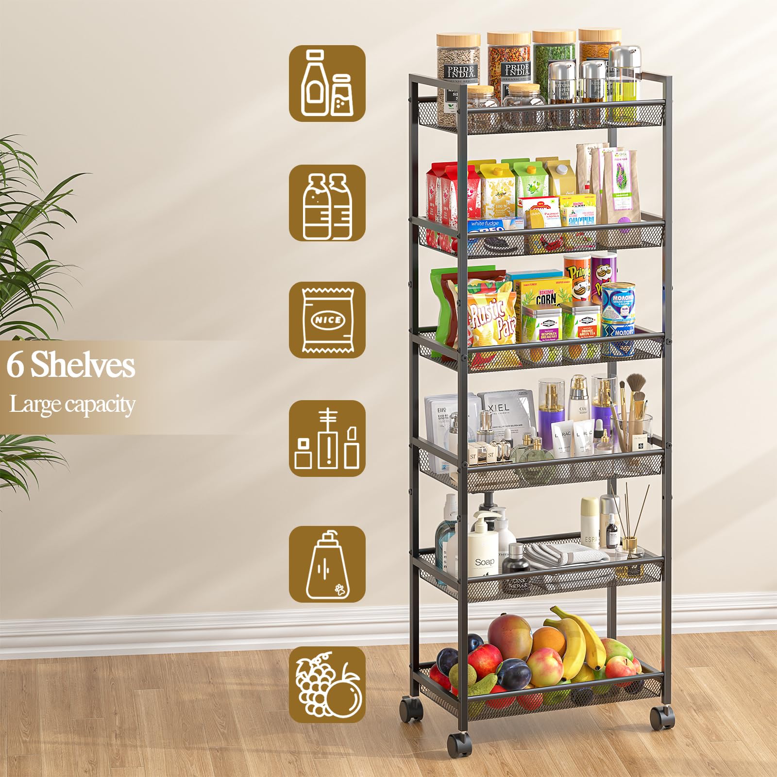 ThreeHio 6-Tier Slim Cart assembling guide with labeled parts.