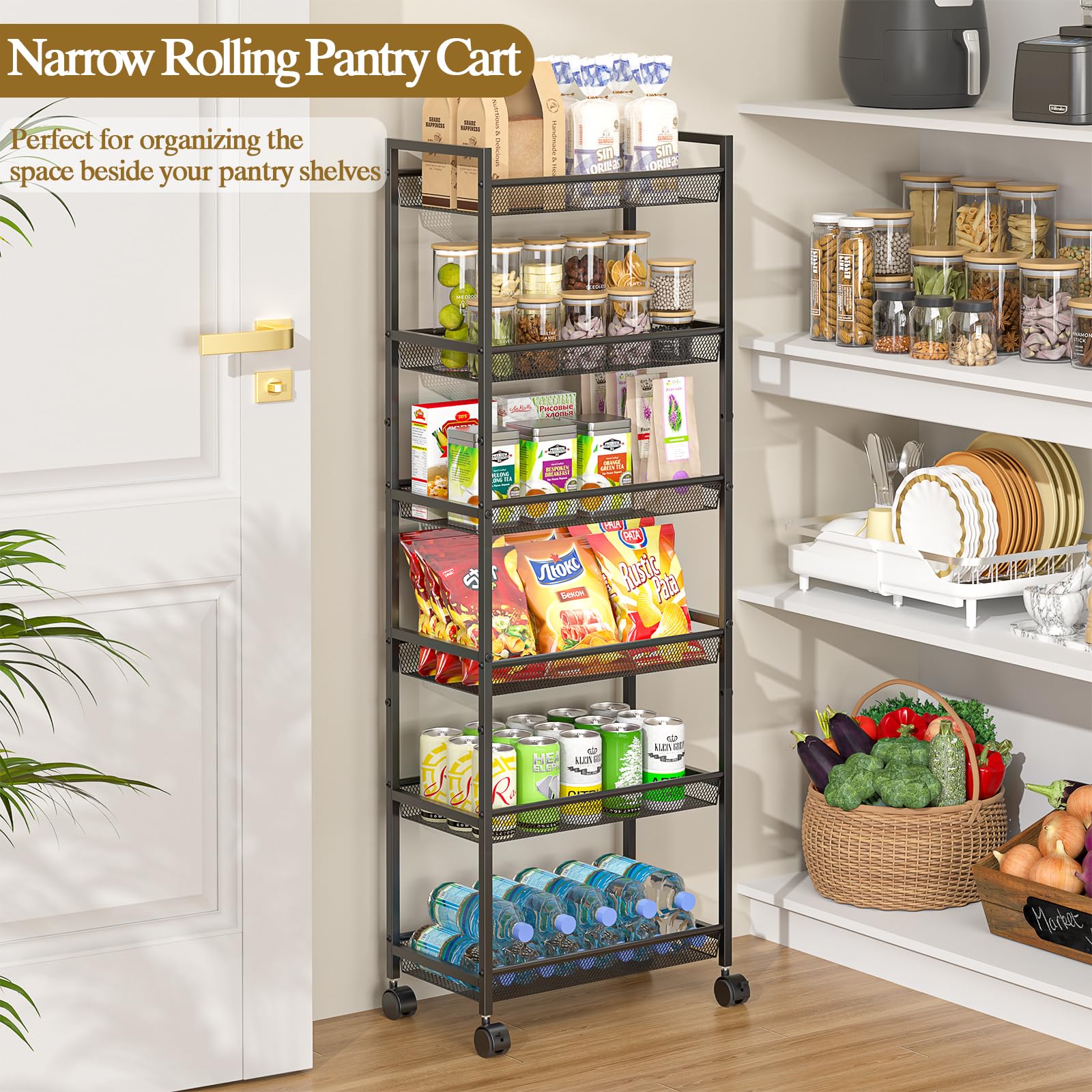 ThreeHio 6-Tier Slim Cart between appliances demonstrates space-saving placement.