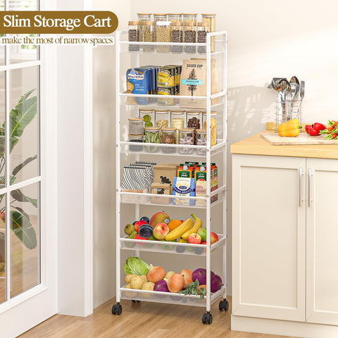 ThreeHio 6-tier slim rolling cart between appliances demonstrates space saving