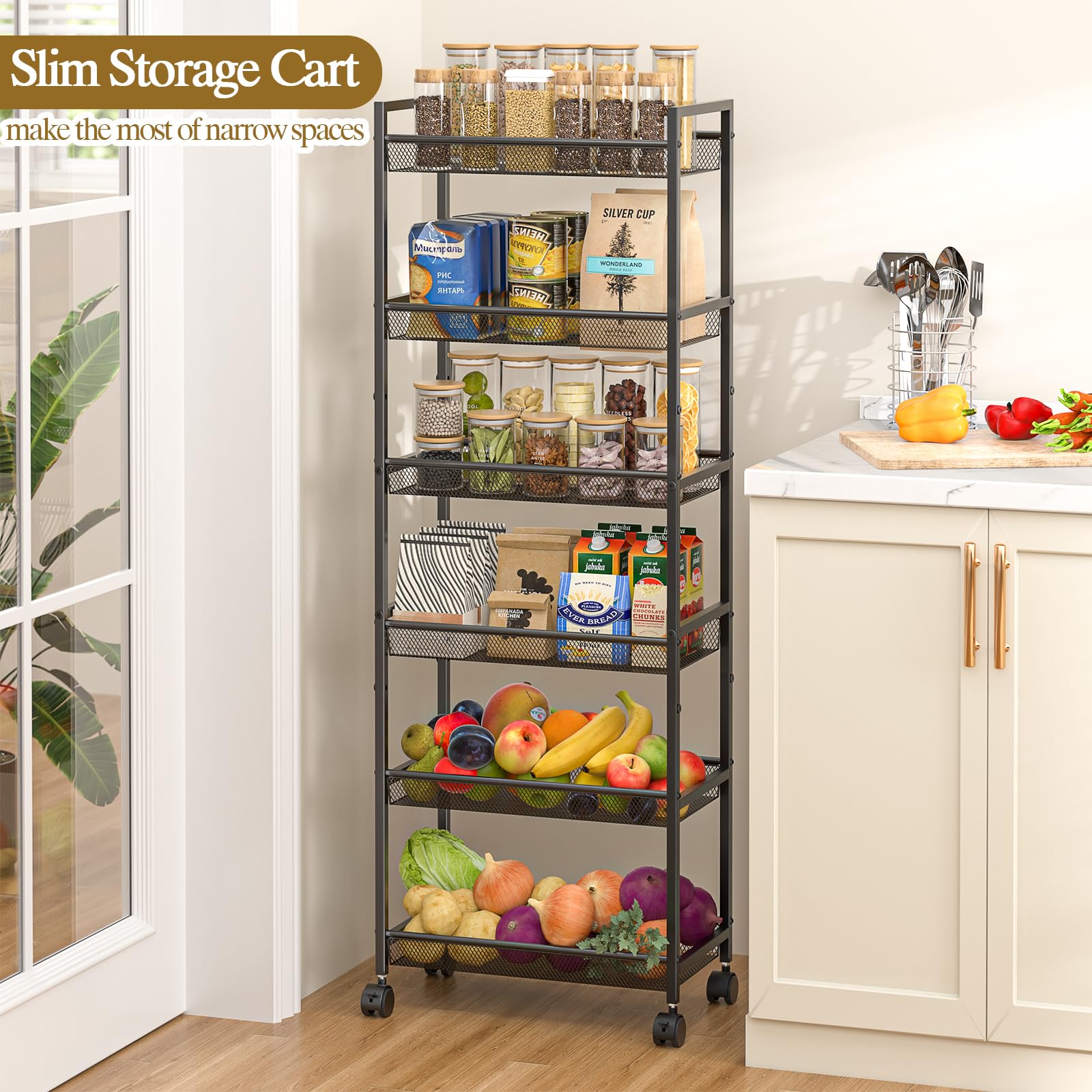 ThreeHio 6-Tier Slim Cart bottom mesh shelf for drainage.