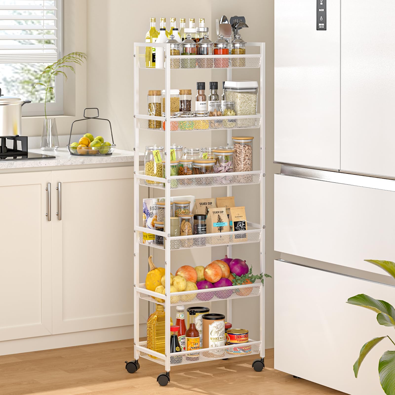 ThreeHio 6-tier slim rolling cart front view for compact kitchen storage