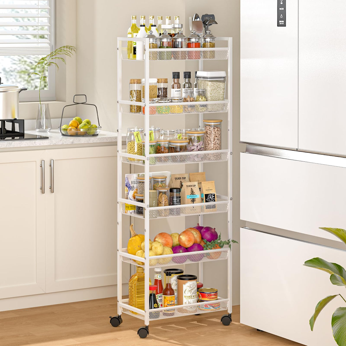 ThreeHio 6-tier slim rolling cart front view for compact kitchen storage
