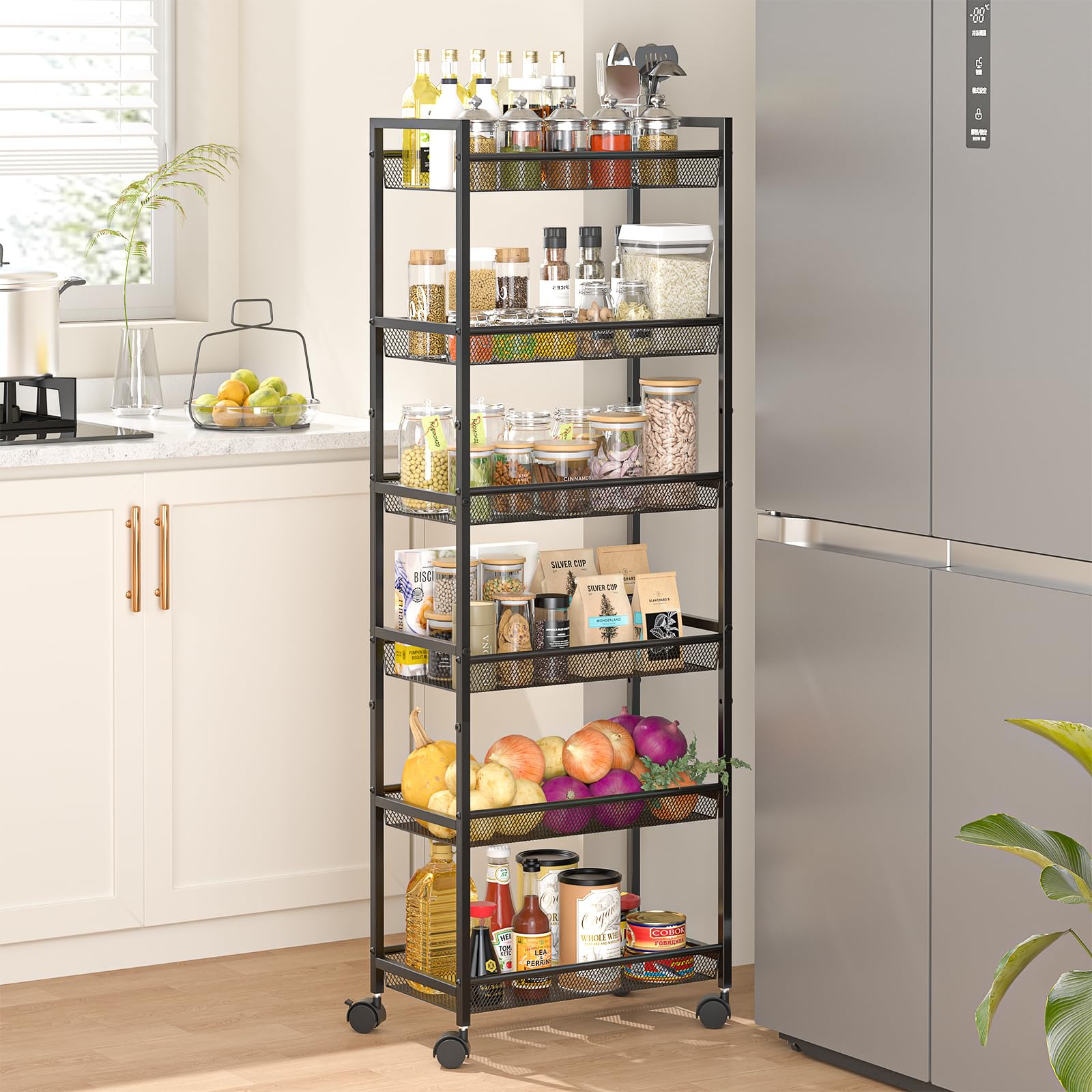 ThreeHio 6-Tier Slim Cart front view for tight spaces and easy access.