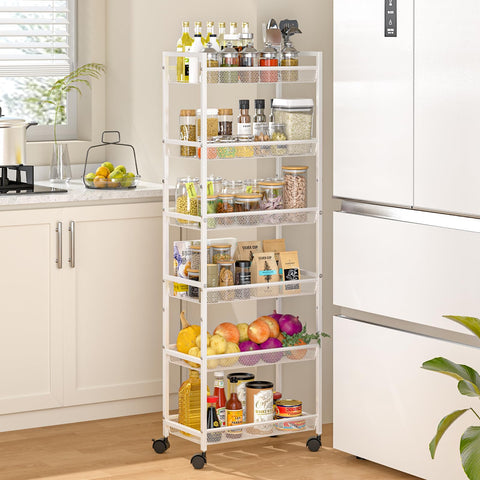 ThreeHio 6-tier slim rolling cart front view for compact kitchen storage