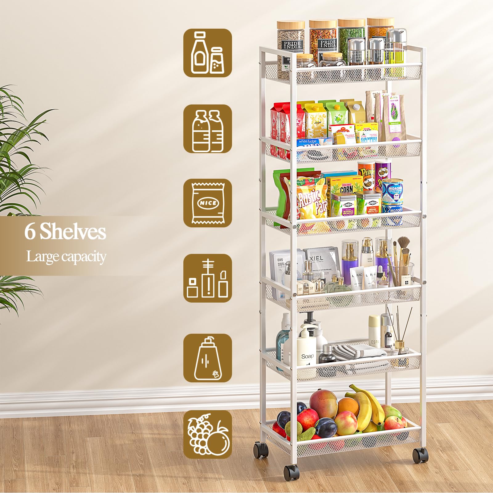ThreeHio 6-tier slim rolling cart in kitchen setup invites tidier organization