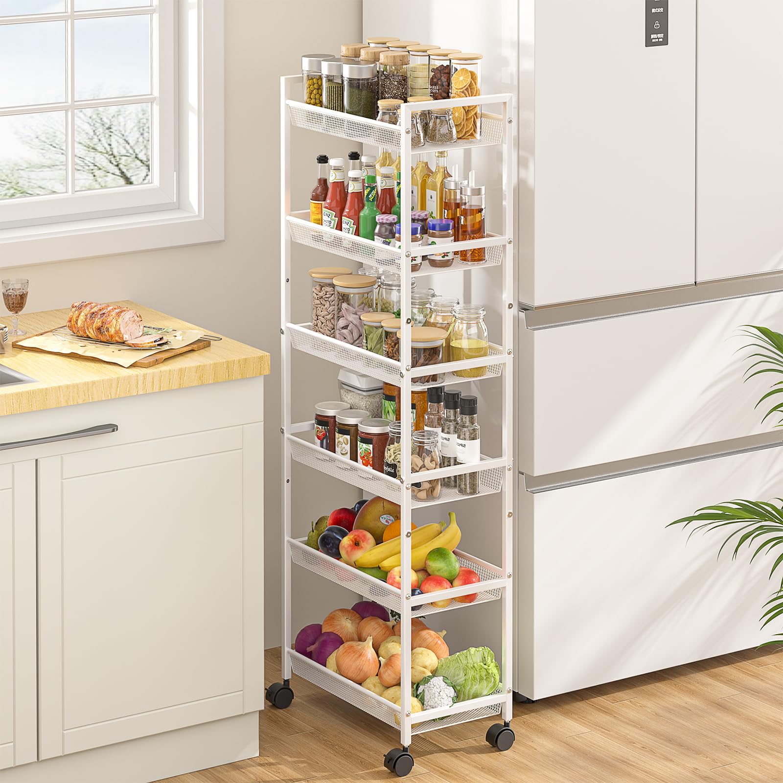 ThreeHio 6-tier slim rolling cart metal mesh detail highlights durability