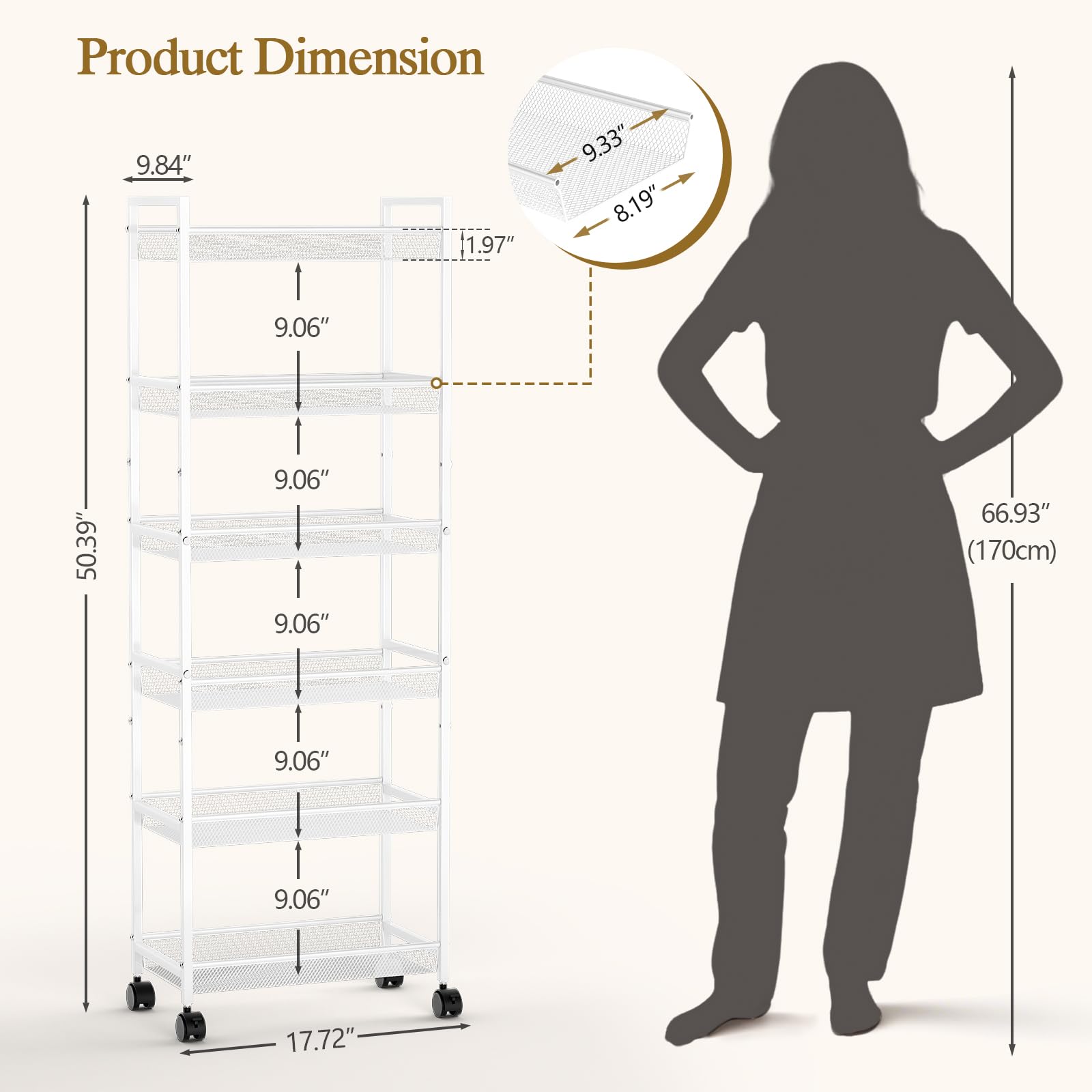 ThreeHio 6-tier slim rolling cart side profile shows narrow footprint