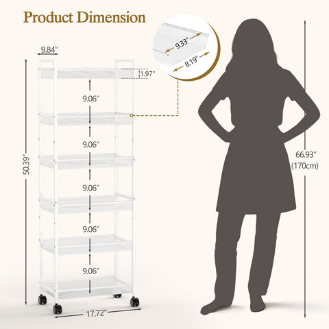 ThreeHio 6-tier slim rolling cart side profile shows narrow footprint