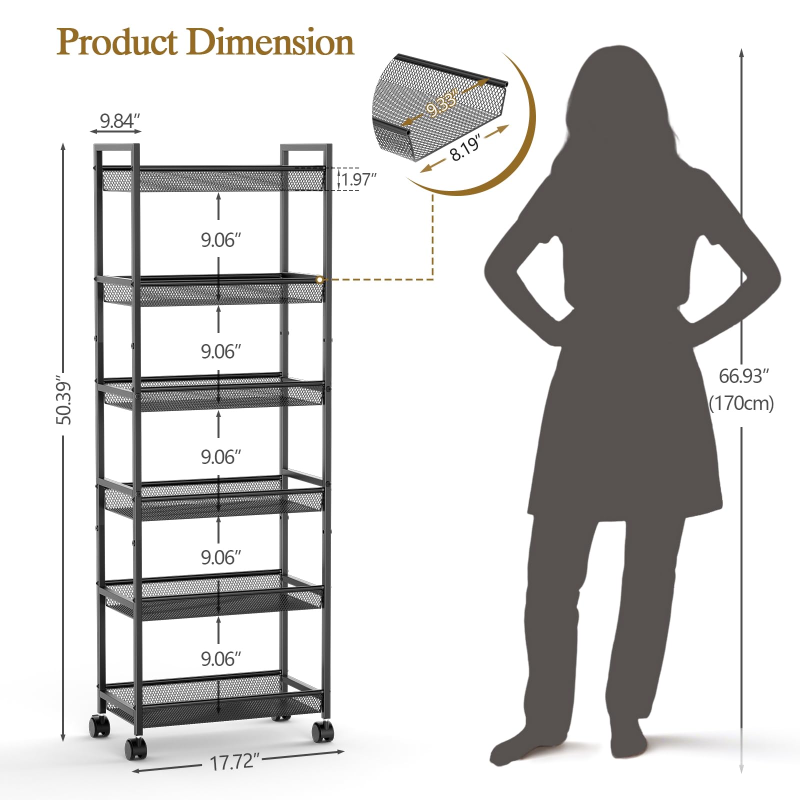 ThreeHio 6-Tier Slim Cart side view highlighting mobile wheels.