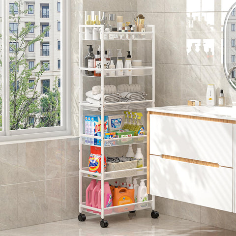 ThreeHio 6-tier slim rolling cart wheels closeup shows smooth mobility