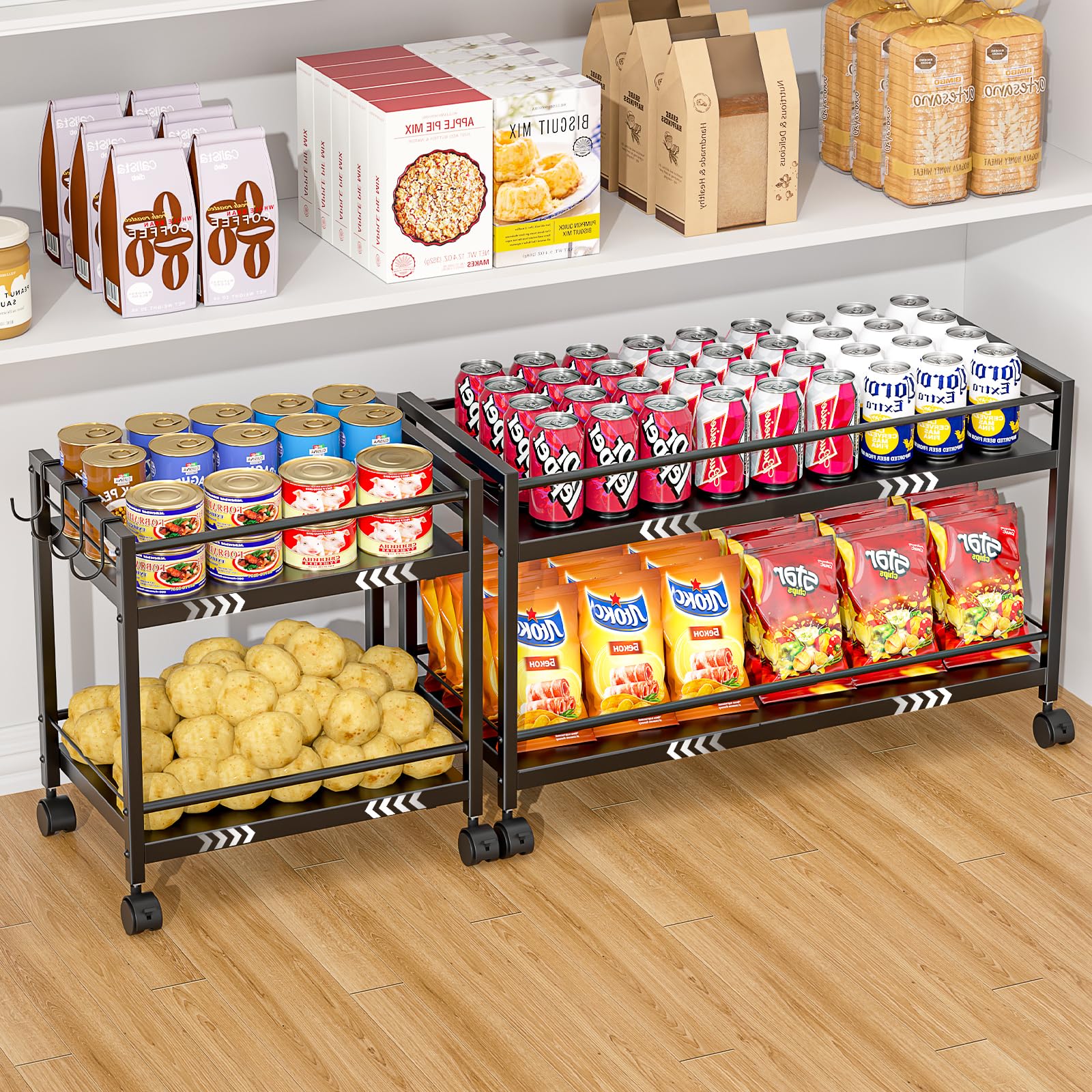 ThreeHio expandable pantry cart with 2-tier design fits tight spaces for tidy storage.