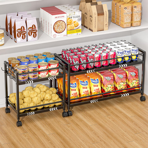 ThreeHio expandable pantry cart with 2-tier design fits tight spaces for tidy storage.