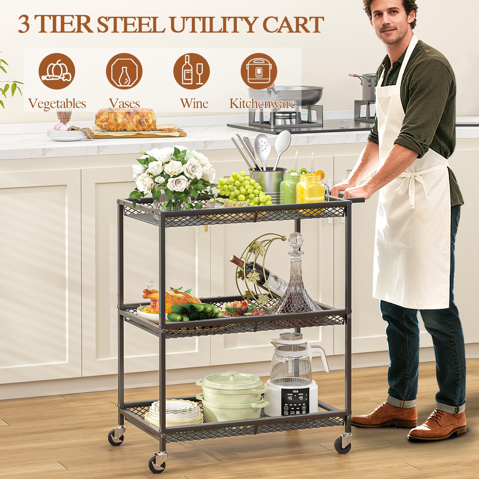 ThreeHio kitchen cart with open shelves provides clear visibility and air circulation