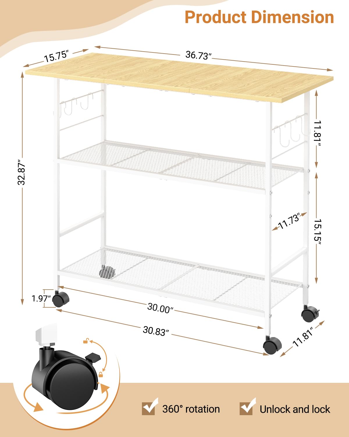 ThreeHio kitchen island with 6 hooks for utensils and towels.