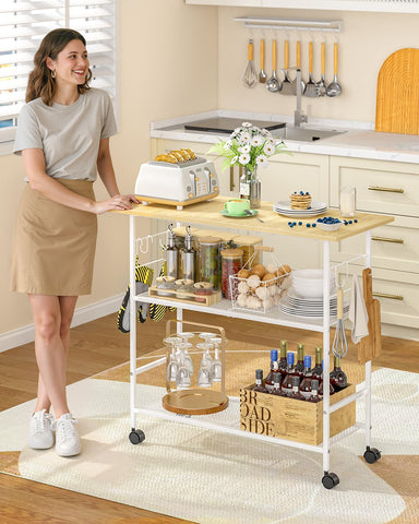 ThreeHio kitchen island as bakers rack with open shelves.